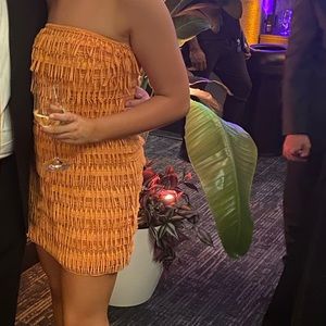 Anthropologie orange fringe strapless dress